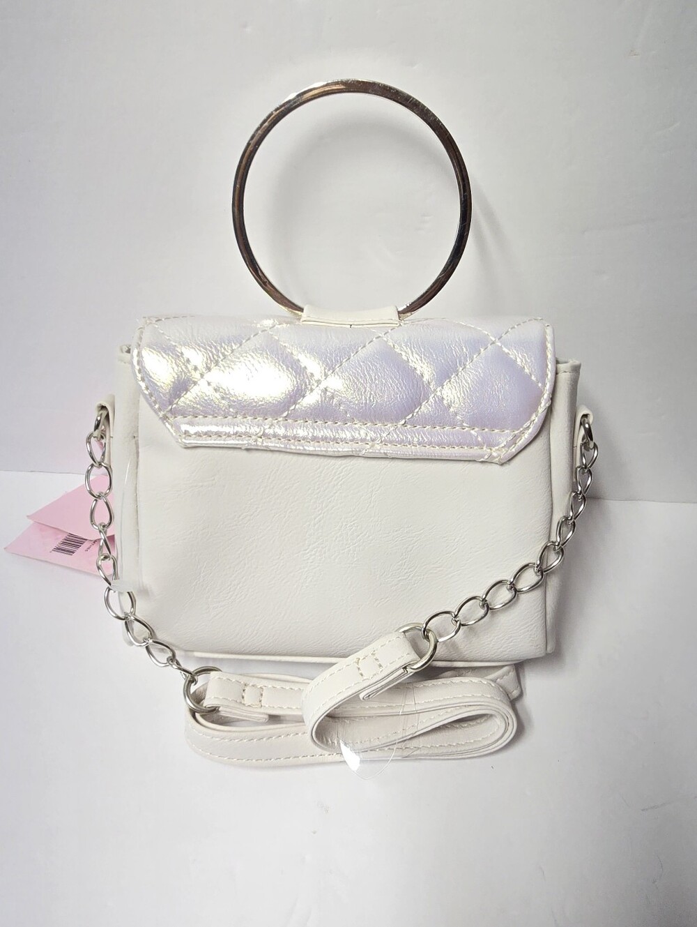 NWT OMG Accessories White Pearlescent Sequin Bow Bling Ring Handle Crossbod Bag - Picture 9 of 13